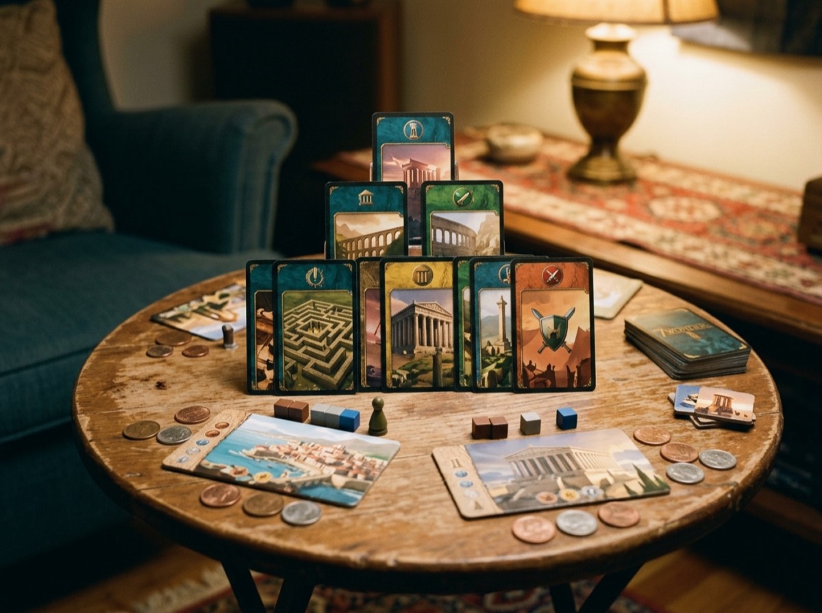 Letra dhe monedha të lojës 7 Wonders Duel mbi një tavolinë druri