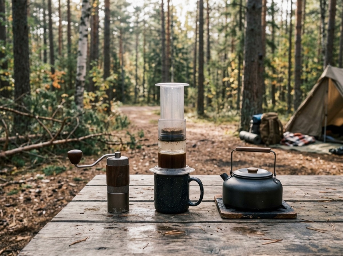 AeroPress Clear transparente mbi një filxhan në një banak kuzhine me kokrra kafeje pranë