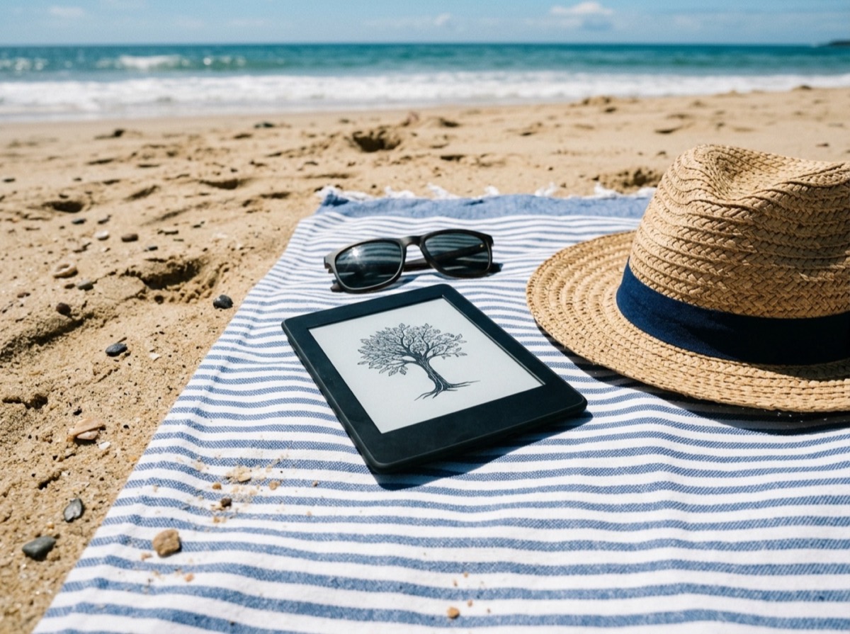 Lexues elektronik Kindle Paperwhite mbi një tavolinë druri pranë një filxhani kafeje