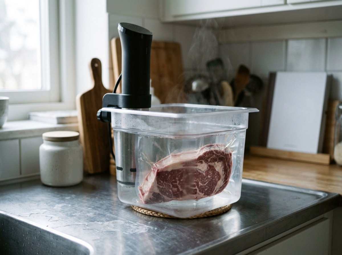 Pajisje sous vide e kapur në anë të një tenxhereje me ujë në një kuzhinë shtëpie