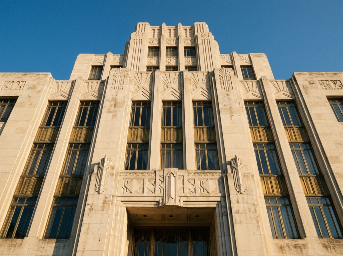 Detaje gjeometrike Art Deco në fasadën e një ndërtese të viteve 1930