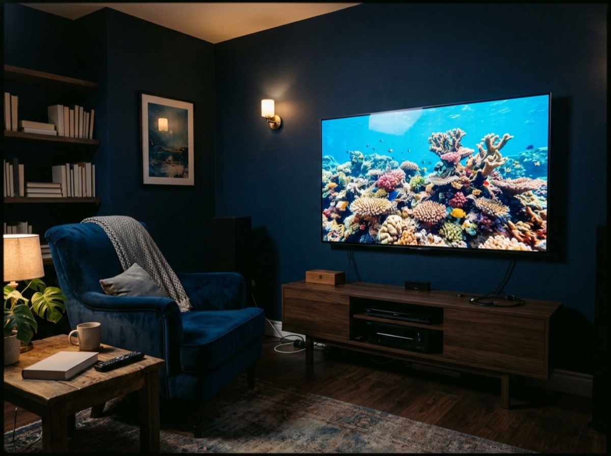 Televizor 4K i varur në murin e një dhome ndenjeje me dritë të butë