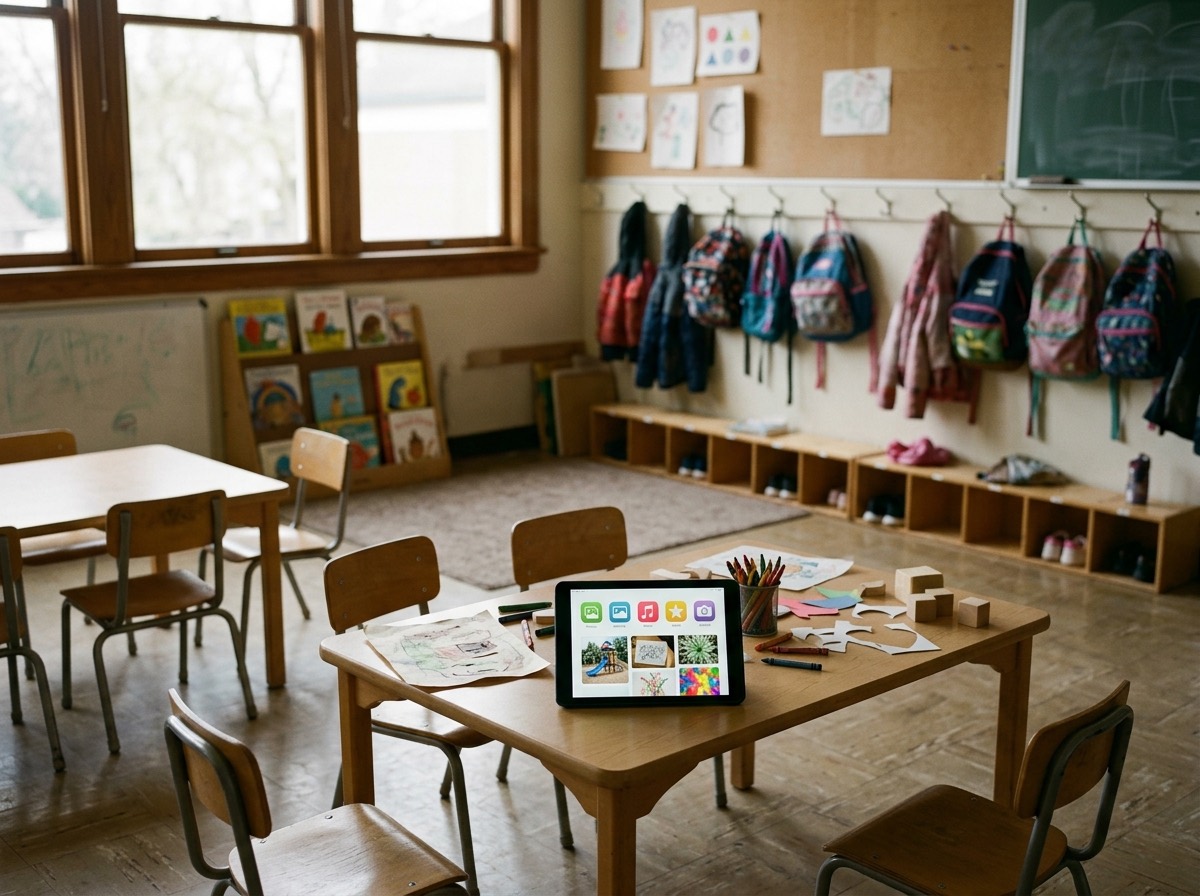 Klasë e zbrazët e një qendre passhkollore me tavolina të vogla, lapsa me ngjyra, letra të prera, një tablet dhe çanta në varëse