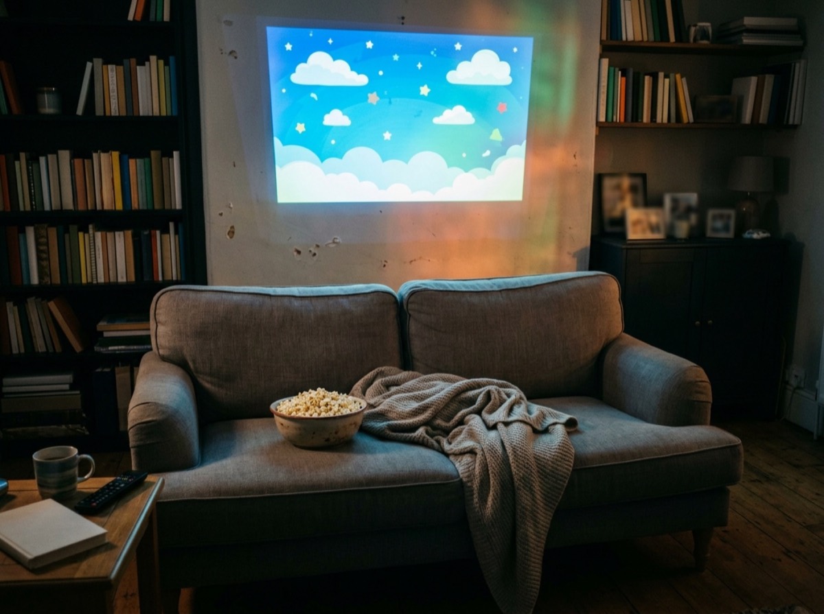 Dhomë e errët me ekran që shfaq një film të animuar