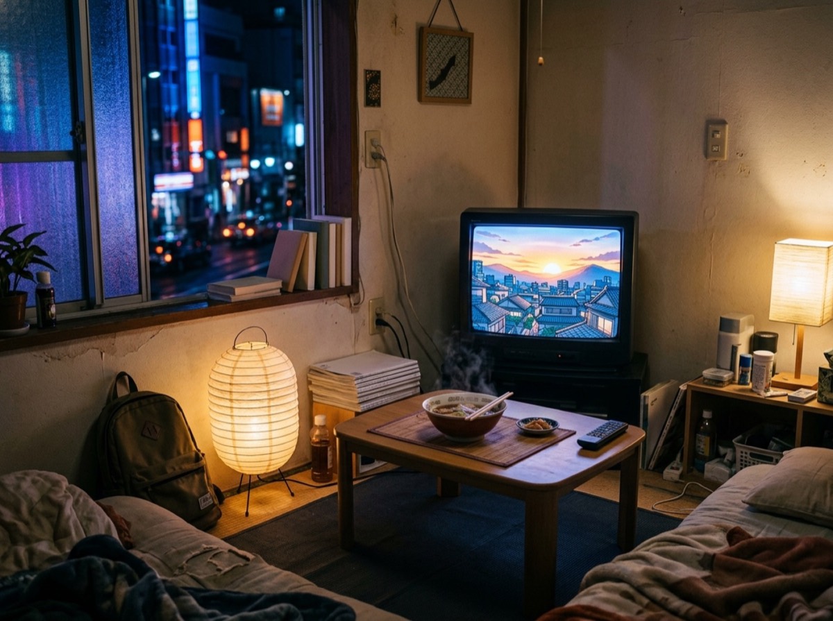 Dhomë me televizor ku shfaqet një serial anime në mbrëmje