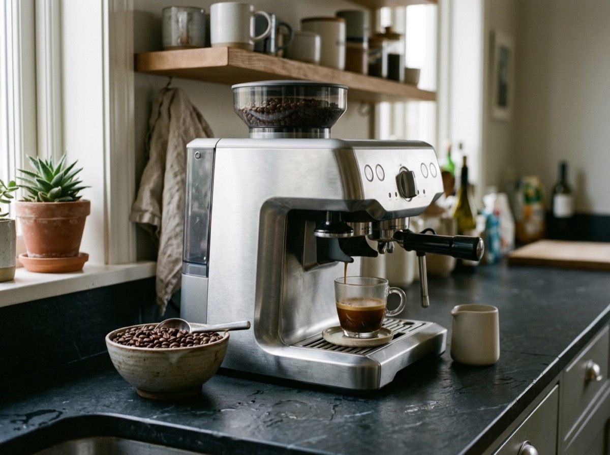 Makinë automatike kafeje në një kuzhinë me filxhan espresso pranë