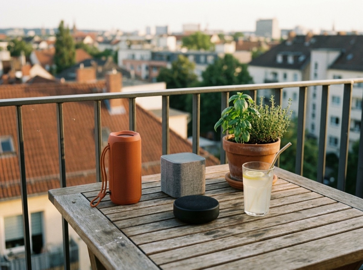 Altoparlant Bluetooth portativ mbi një tavolinë druri në oborr, në pasdite