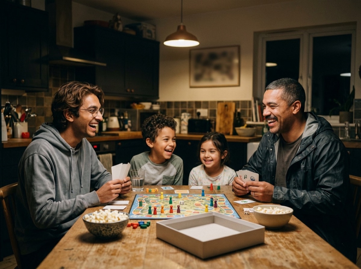 Familje rreth tavolinës duke luajtur një lojë tavoline në mbrëmje
