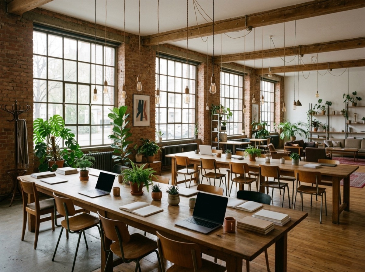 Hapësirë coworking në Berlin me tavolina pune dhe dritë natyrale