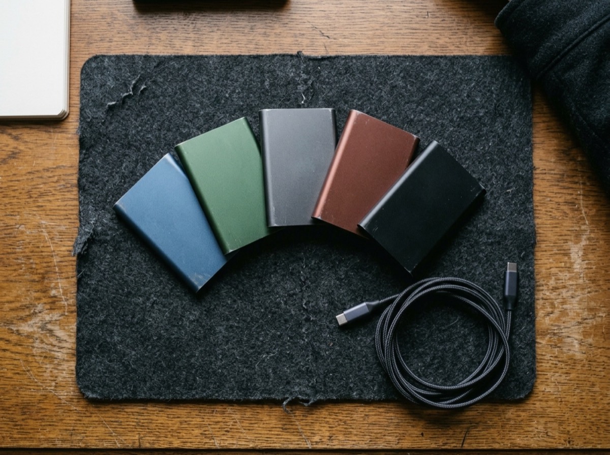 SSD portativ i lidhur me laptop mbi tavolinë pune