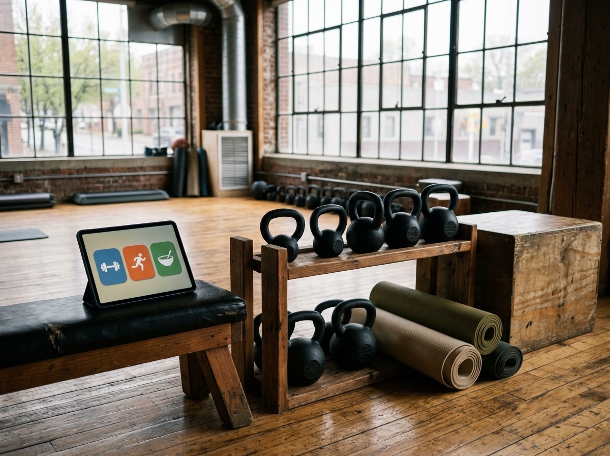 Palestër e vogël me kettlebell, dyshekë të mbështjellë, kuti kërcimi dhe një tablet mbi stol