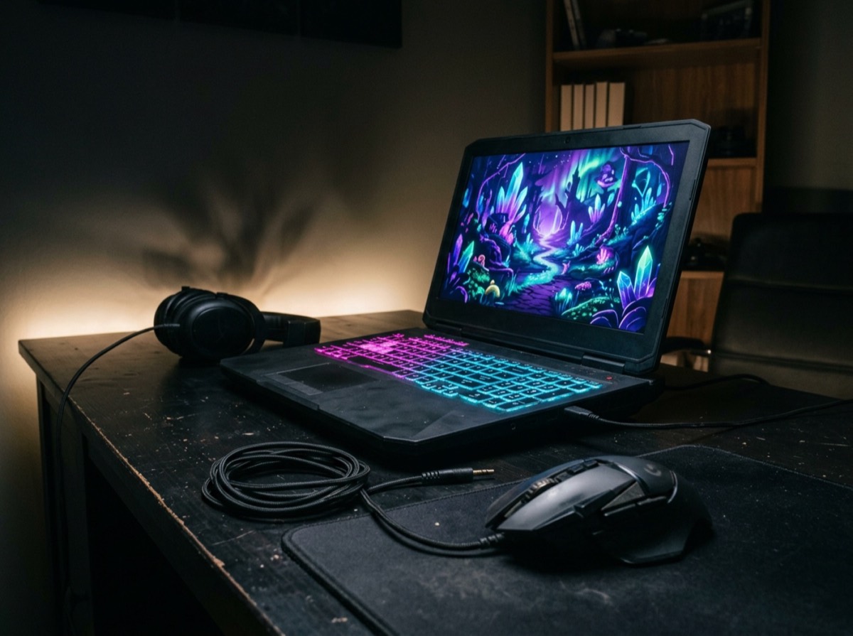 Laptop për lojëra me tastierë me ndriçim në një tavolinë pune në mbrëmje