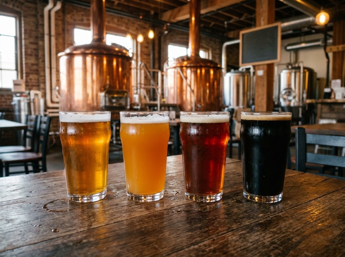 Gota birre craft gjermane mbi një tavolinë druri në një birrari