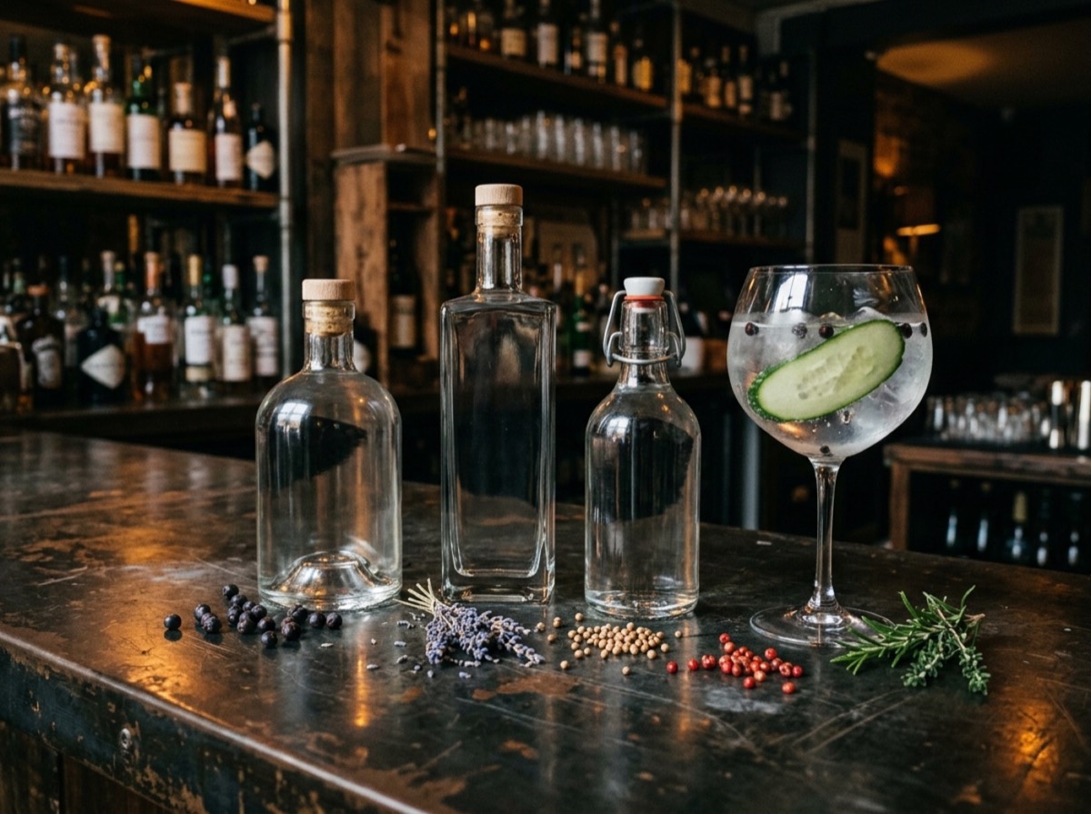 Gotë gin tonik me akull dhe agrume pranë një shisheje xhini gjerman