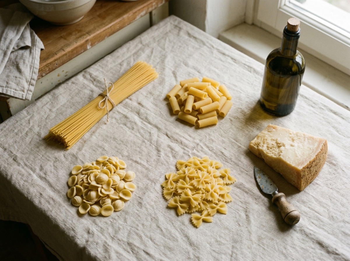 Pastë italiane e thatë në forma të ndryshme mbi një tavolinë druri