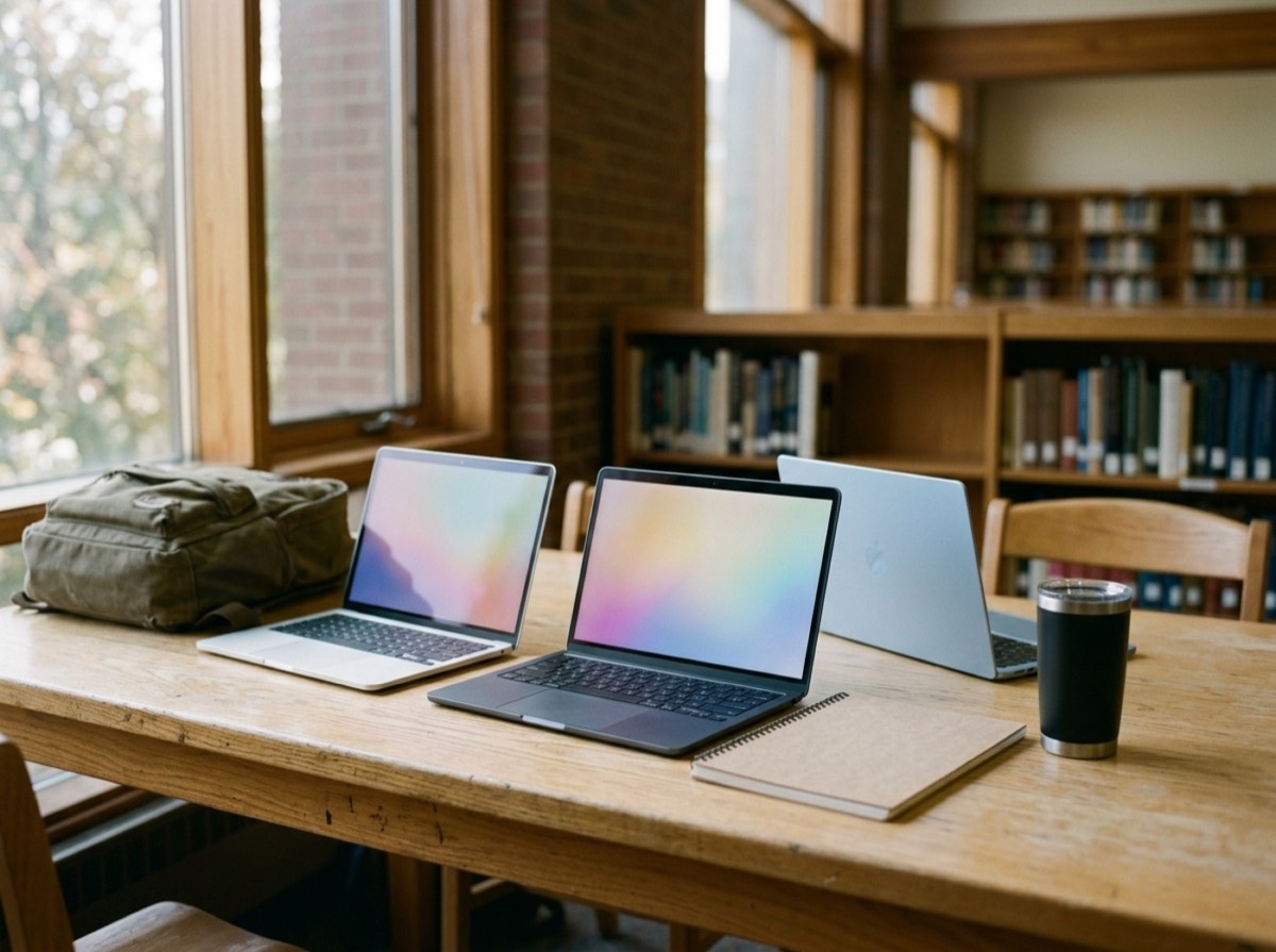 Laptop i hapur mbi një tavolinë studimi me libra dhe fletore