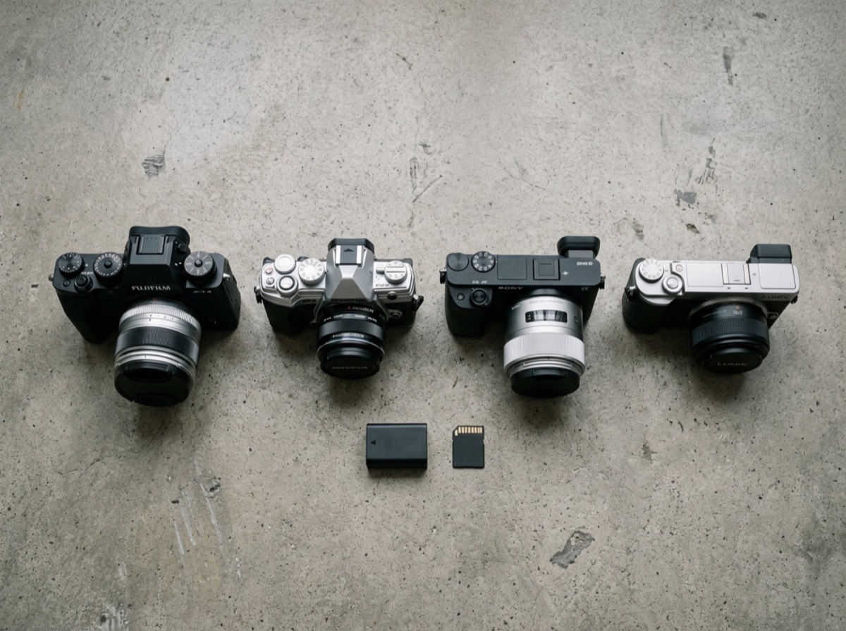Aparat fotografik mirrorless me objektiv mbi një tavolinë druri