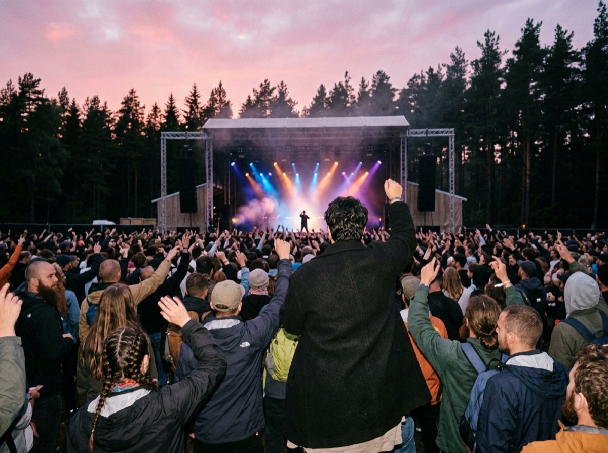 Skenë festivali në ajër të hapur me publik në mbrëmje verore
