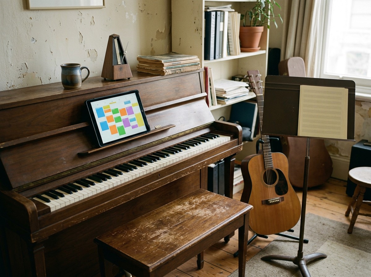 Piano në dhomë mësimi me tablet që tregon kalendarin e orëve, kitarë dhe mbajtëse notash