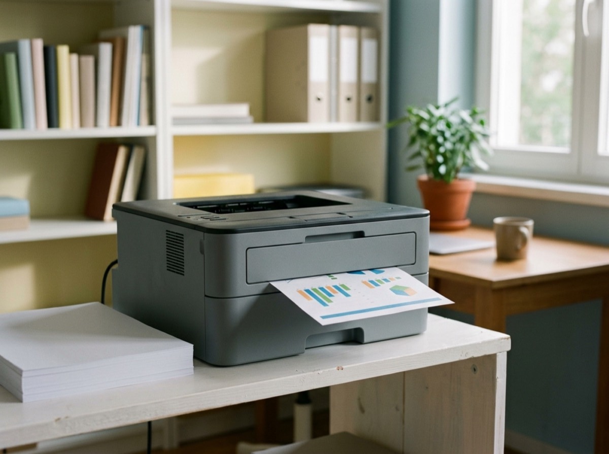 Printer shumëfunksional lazer në një zyrë me letra pranë