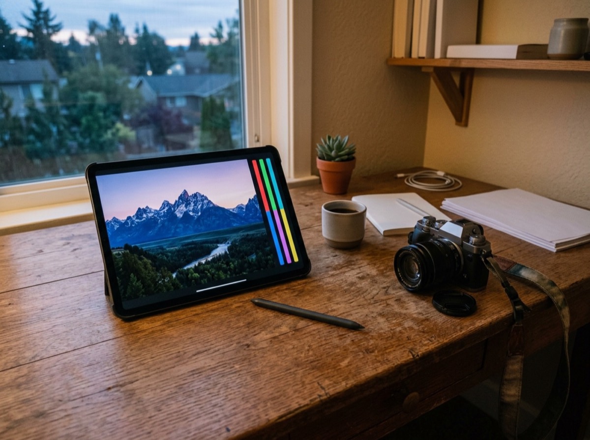 Tablet me një foto peizazhi në editim pranë një aparati fotografik