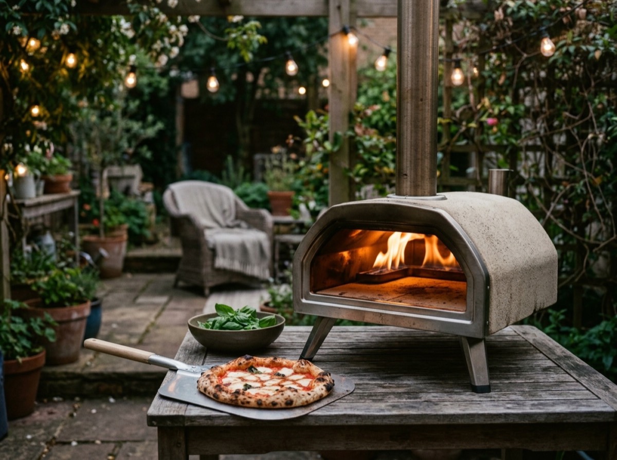 Furrë pizze në një tavolinë guri në oborr, me një pizza të sapopjekur pranë