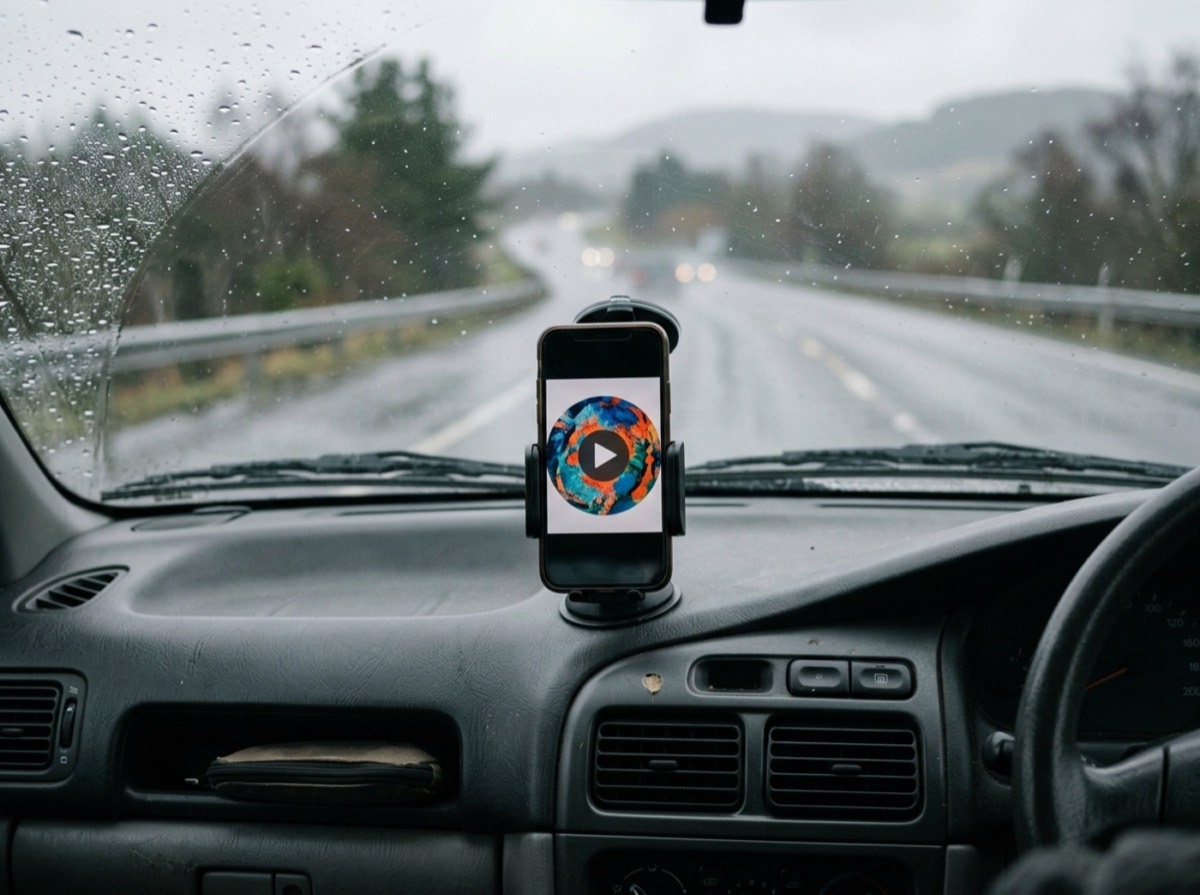 Kufje dhe telefon me një aplikacion podcasti mbi një tavolinë druri