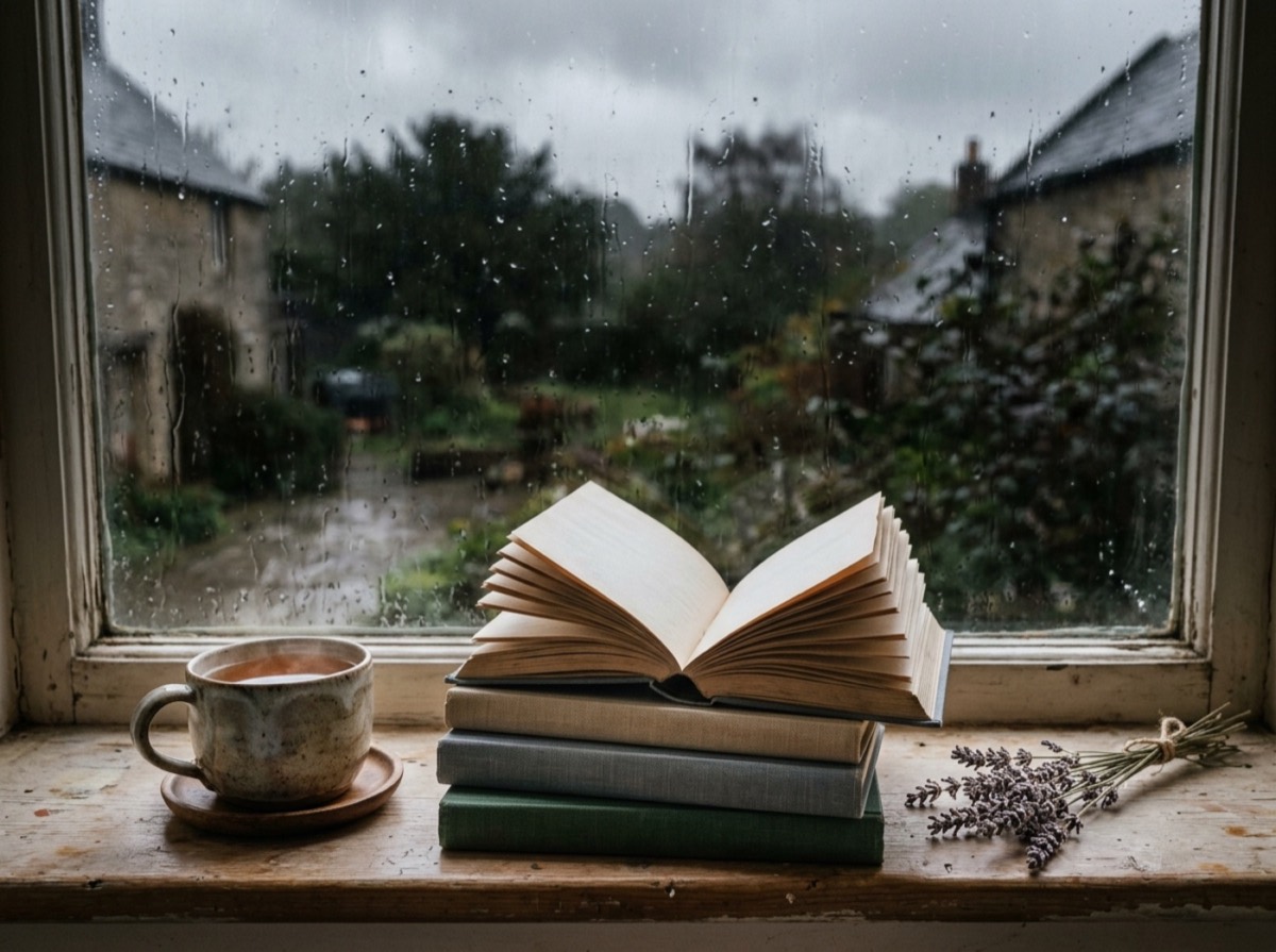 Libra poezie të hapur pranë një filxhani çaji në dritën e mëngjesit