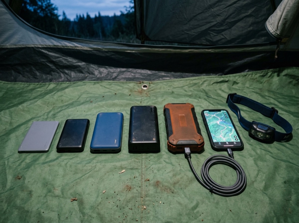 Power bank i lidhur me telefon mbi një tavolinë druri