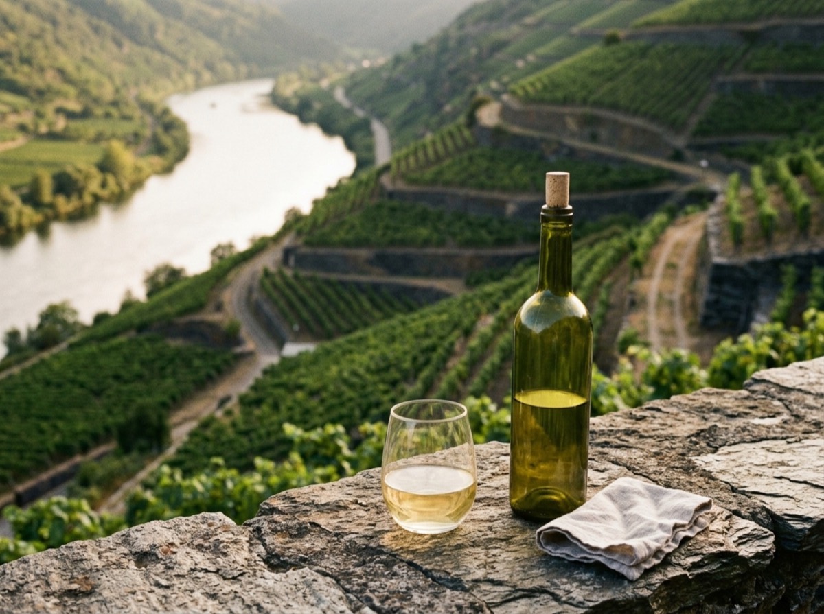 Vreshta me Riesling në shpatet e pjerrëta të një lumi në Gjermani
