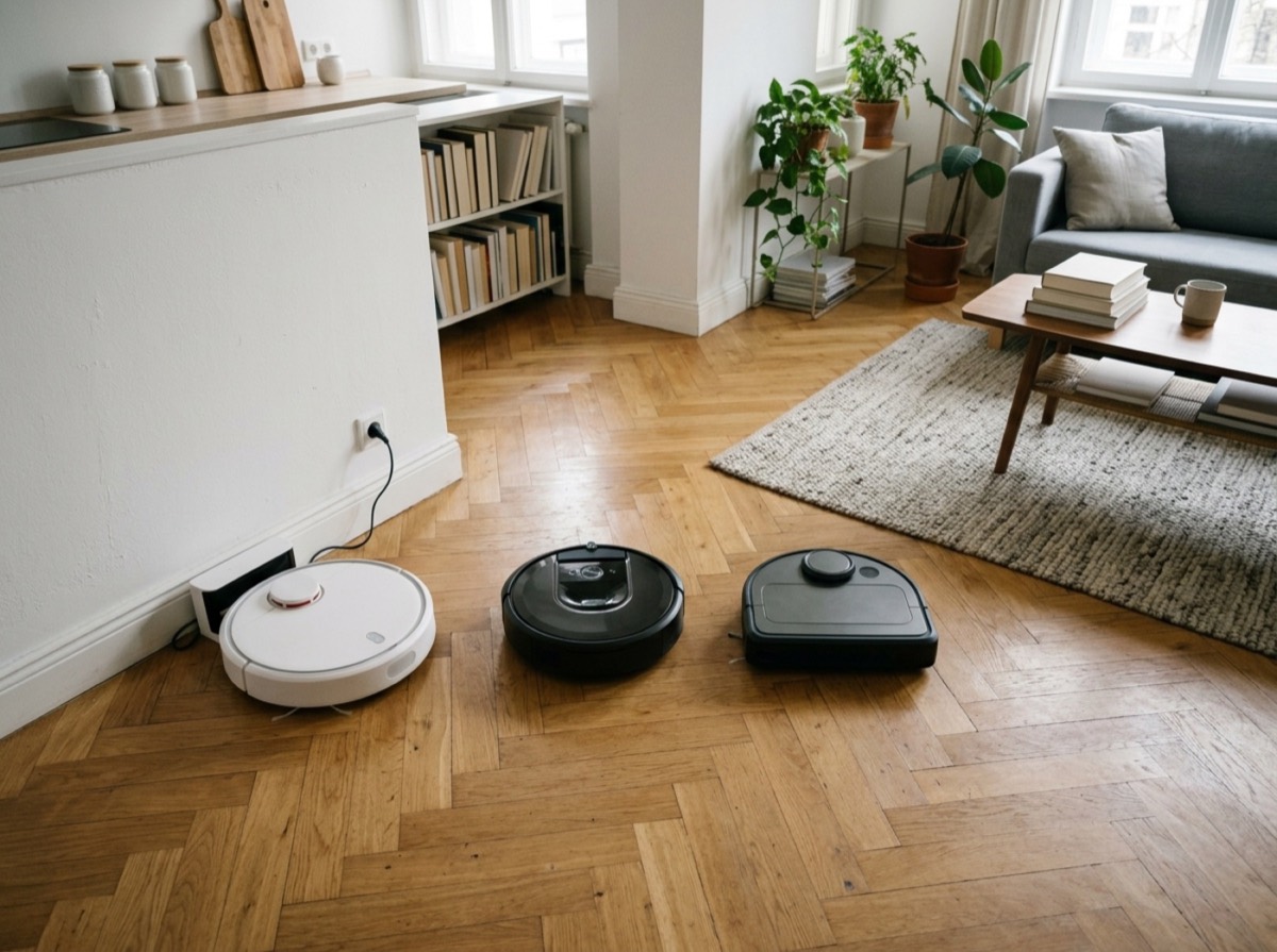 Fshesë robot në stacionin e saj pranë një dyshemeje prej druri në dhomë ndenjjeje