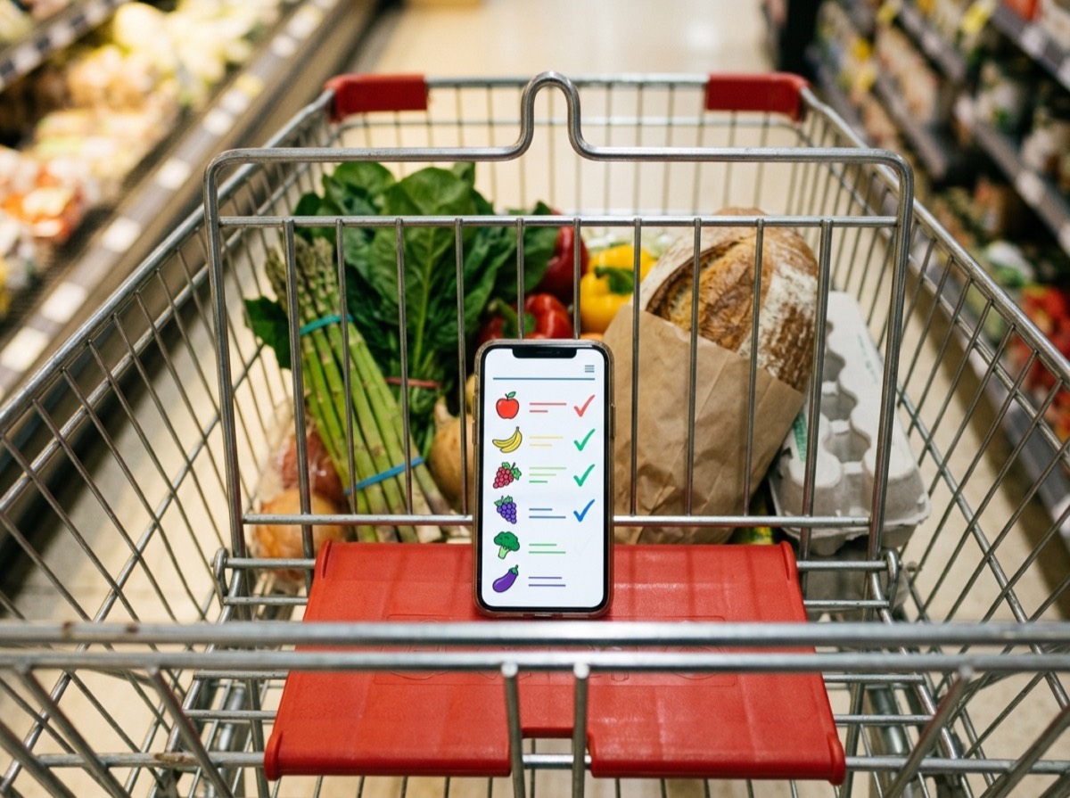 Listë blerjesh në telefon pranë frutave dhe një shporte pazari në kuzhinë