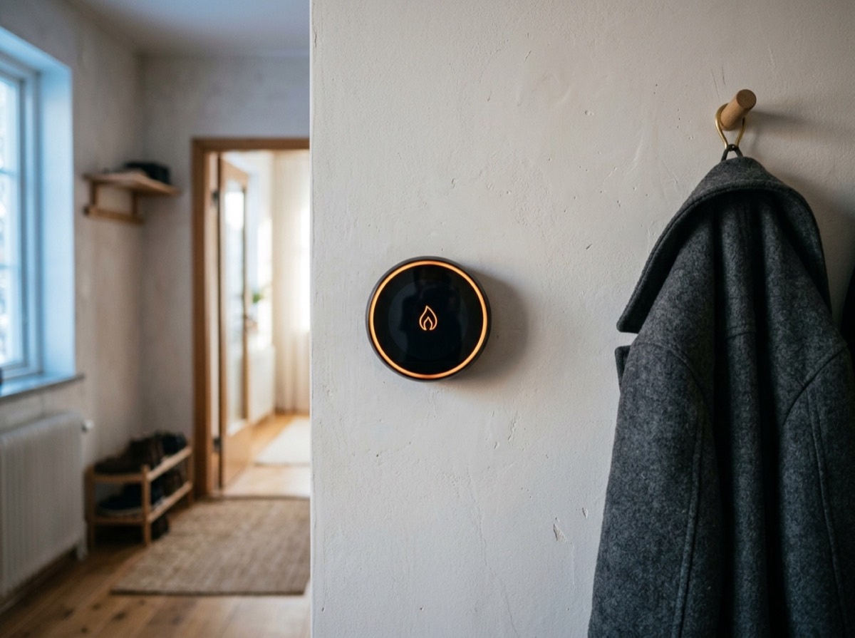 Termostat smart në mur pranë një radiatori në një dhomë të ngrohtë
