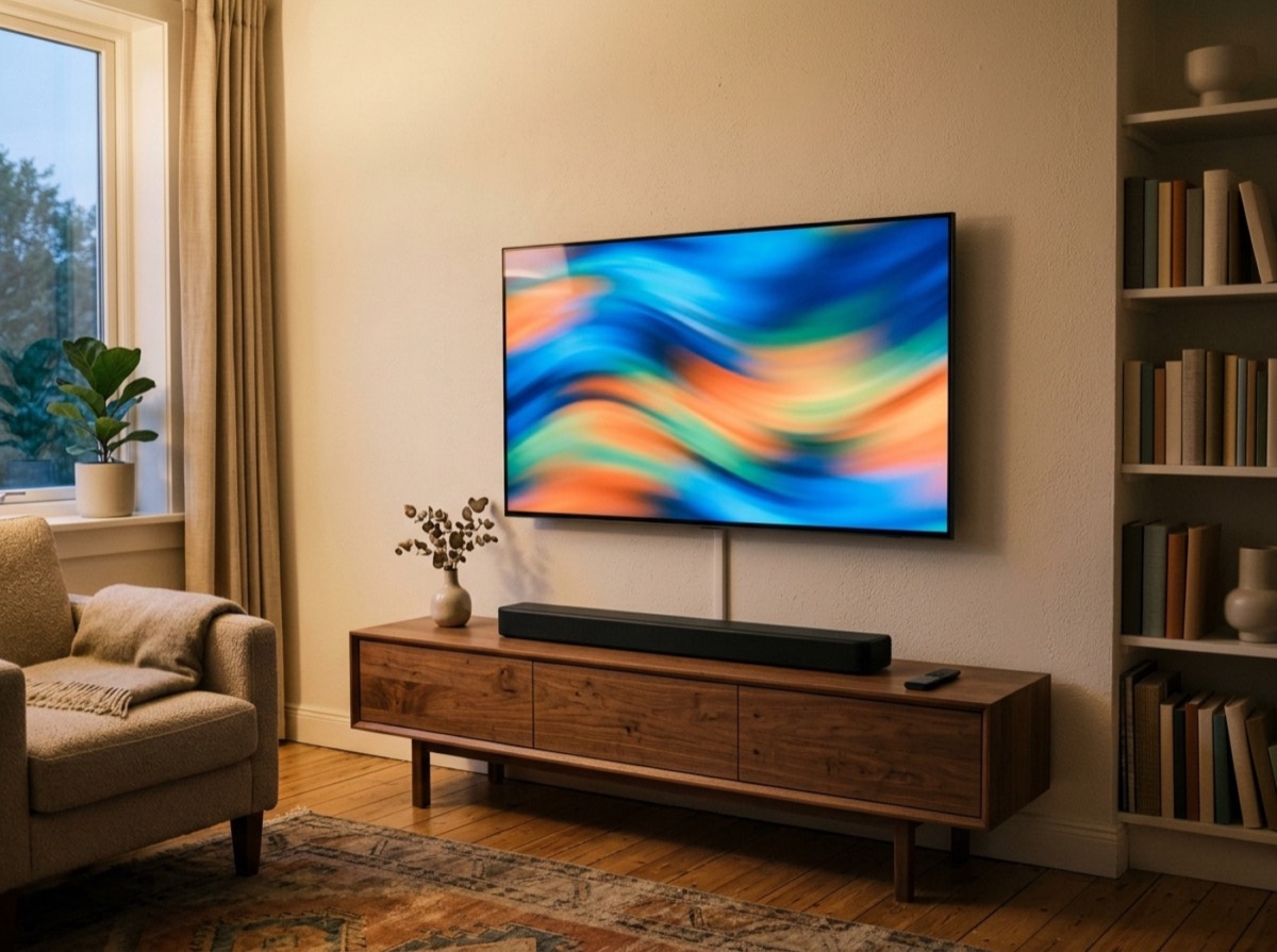 Soundbar nën një televizor të sheshtë në një dhomë ndenjeje