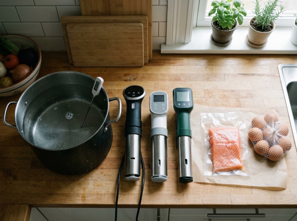 Pajisje sous vide e kapur në një tenxhere me ujë dhe mish në qese vakum