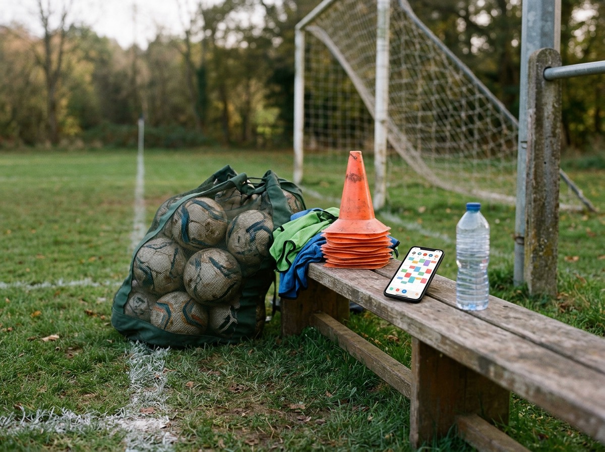 Topa futbolli, kone stërvitjeje dhe një telefon me kalendarin e ekipit mbi një stol pranë fushës