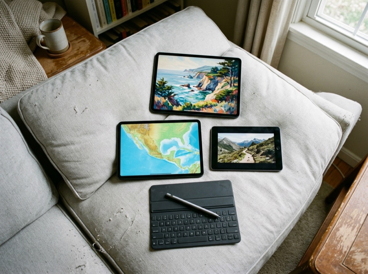 Tablet mbi një tavolinë druri pranë një fletoreje