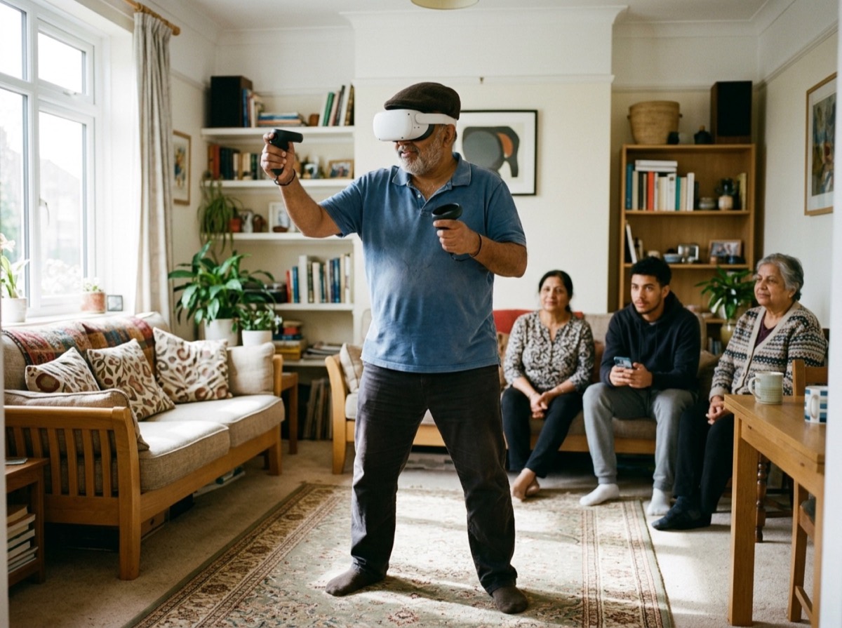 Kufje të realitetit virtual mbi një tavolinë në dhomë ndenjeje