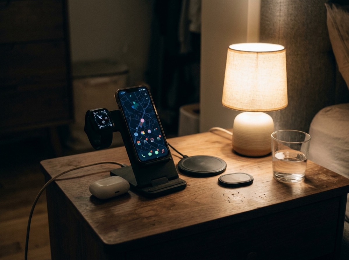 Karikues wireless me telefon të vendosur mbi tavolinë pune pranë një ore dhe kufjeve
