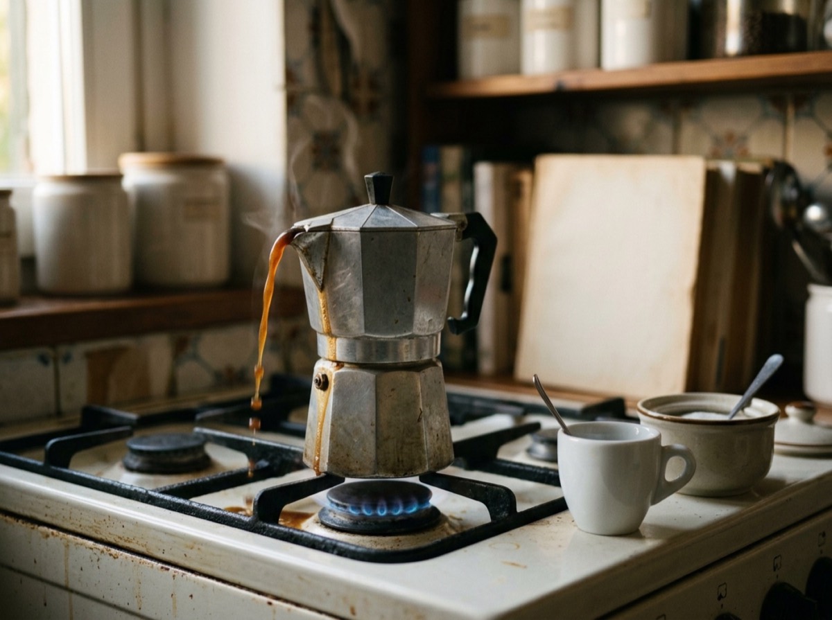 Makinetë kafeje Bialetti Moka Express prej alumini mbi një sobë me gaz