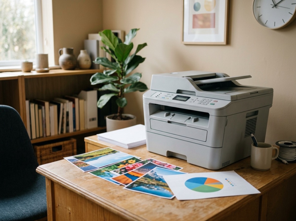 Printer shumëfunksional lazer me ngjyra në një zyrë të vogël