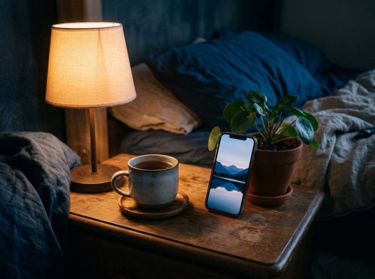 Dhomë gjumi e qetë me dritë të zbehtë mbrëmjeje dhe telefon pranë shtratit