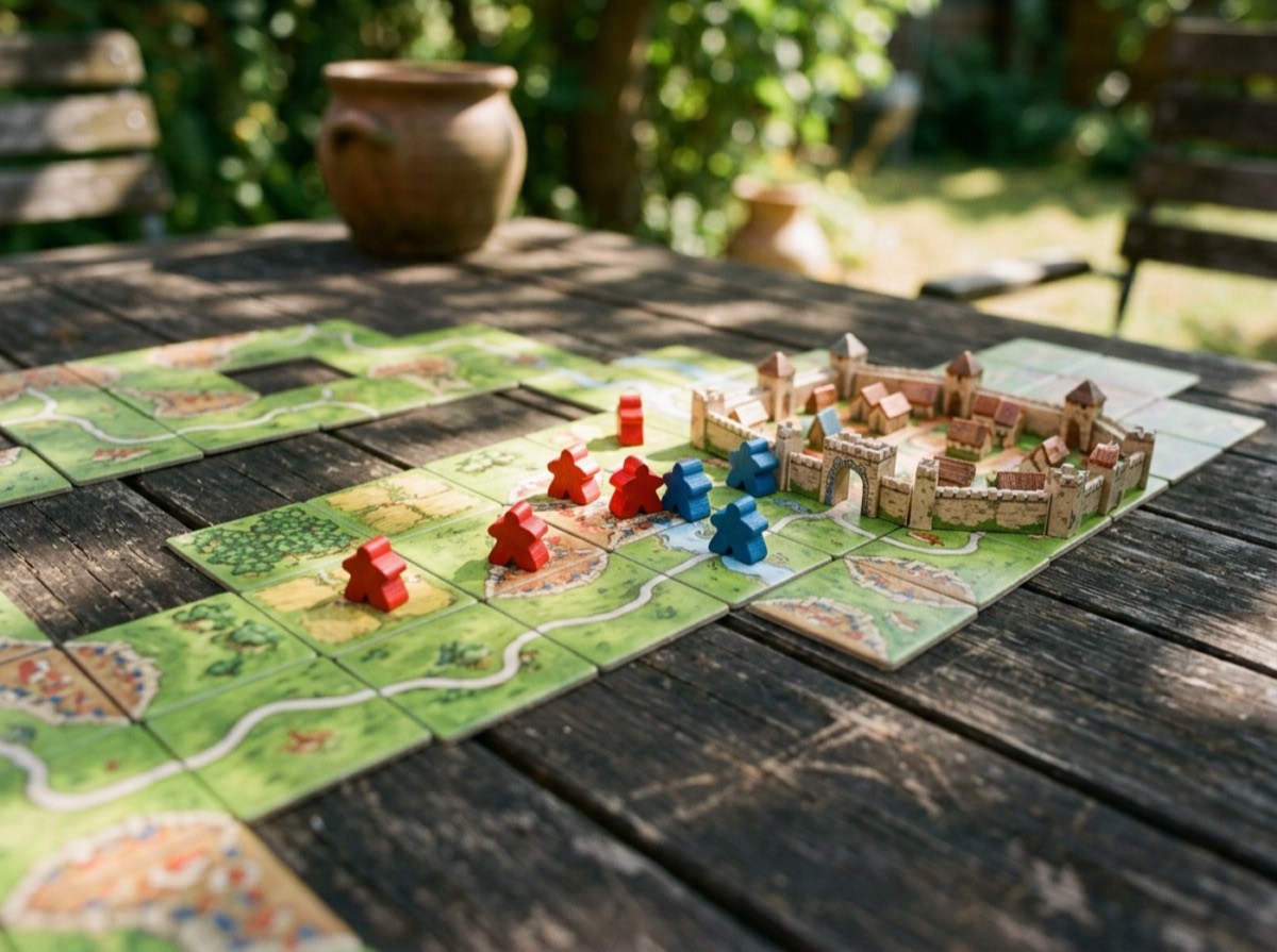 Pllaka të lojës Carcassonne me rrugë dhe qytete mesjetare mbi tryezë