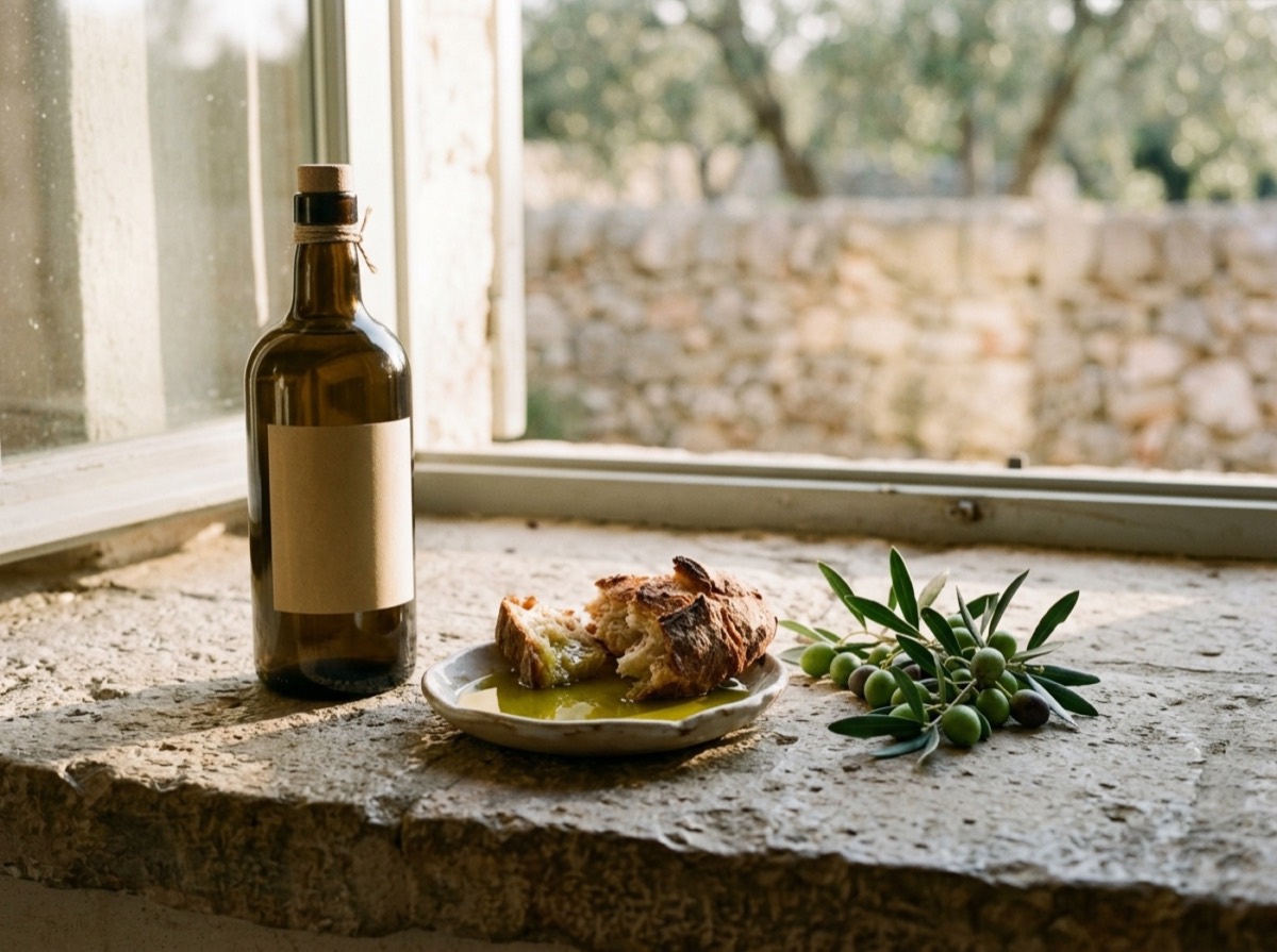Shishe vaji ulliri Castillo de Canena Family Reserve pranë bukës dhe ullinjve në tryezë kuzhine