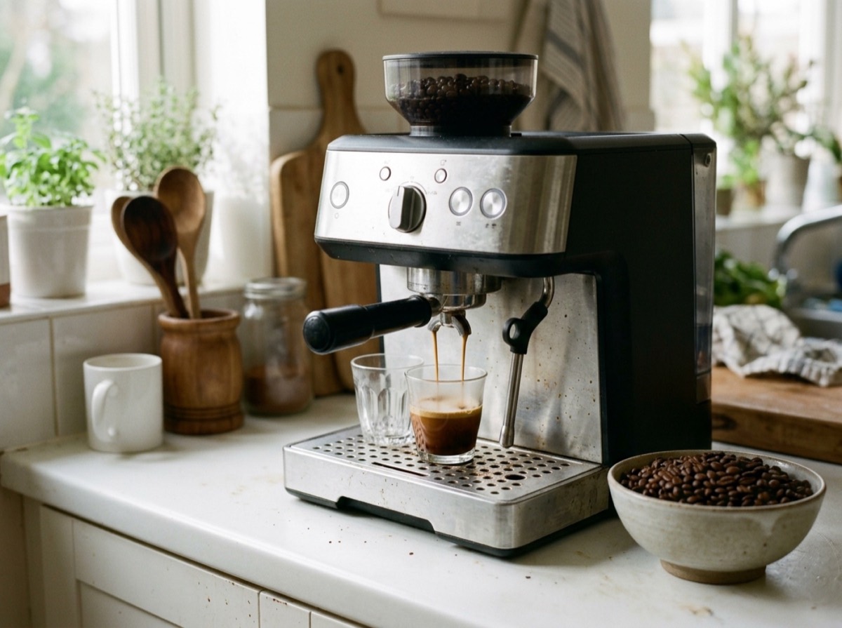 Makinë kafeje automatike De'Longhi Magnifica Evo me filxhan espreso në banak kuzhine