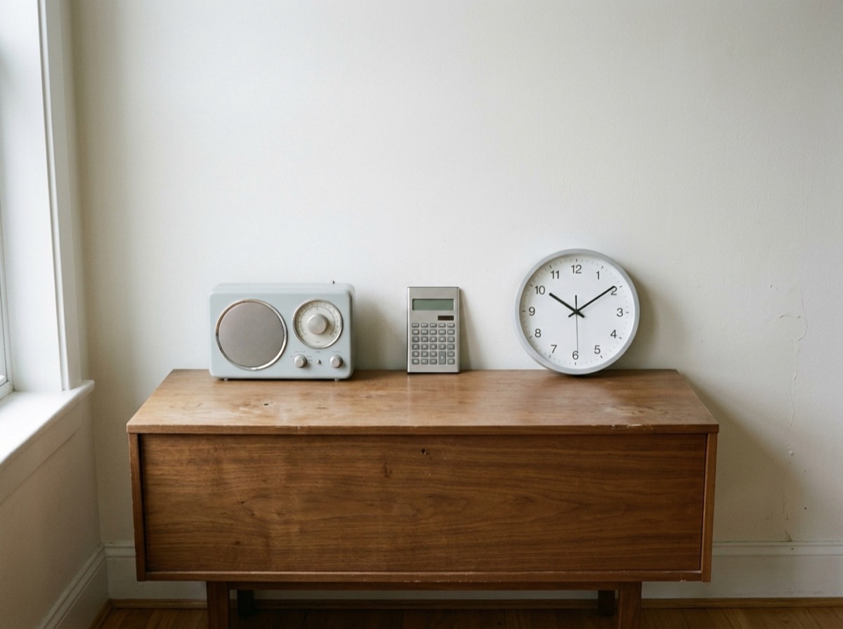 Radio e thjeshtë me dizajn minimalist mbi një raft druri