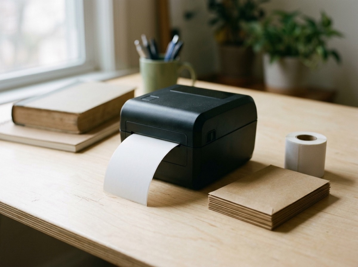 Printer etiketash DYMO LabelWriter 550 në një tavolinë zyre me rrotulla etiketash pranë