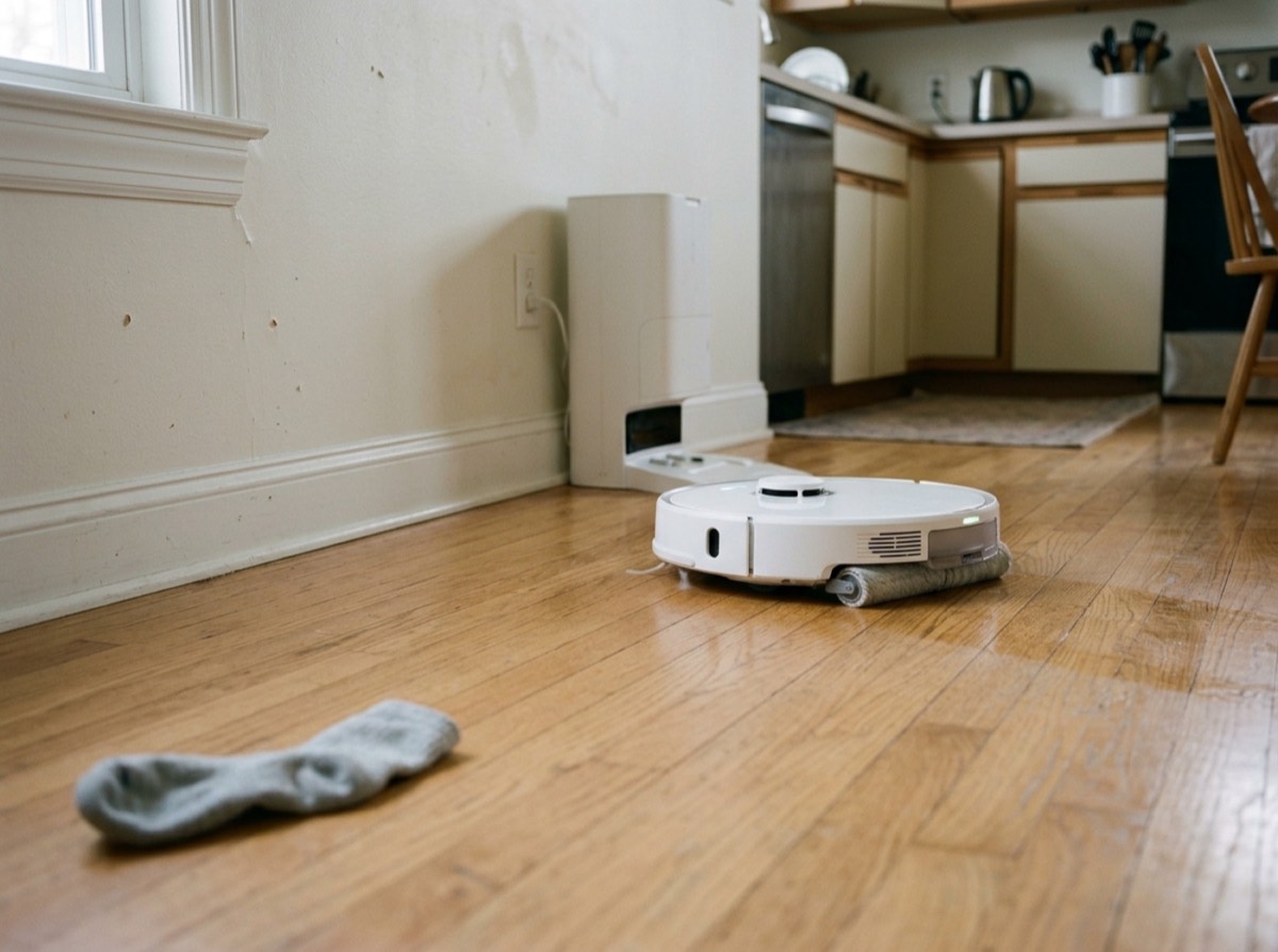 Robot fshesë dhe mop pranë stacionit të tij në një dysheme me pllaka