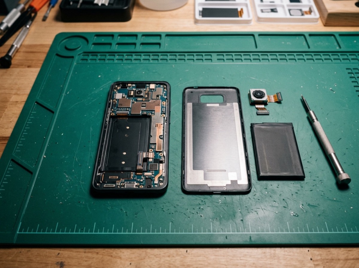 Telefoni modular Fairphone Gen 6 i hapur në tavolinë pune me vidhosëse pranë