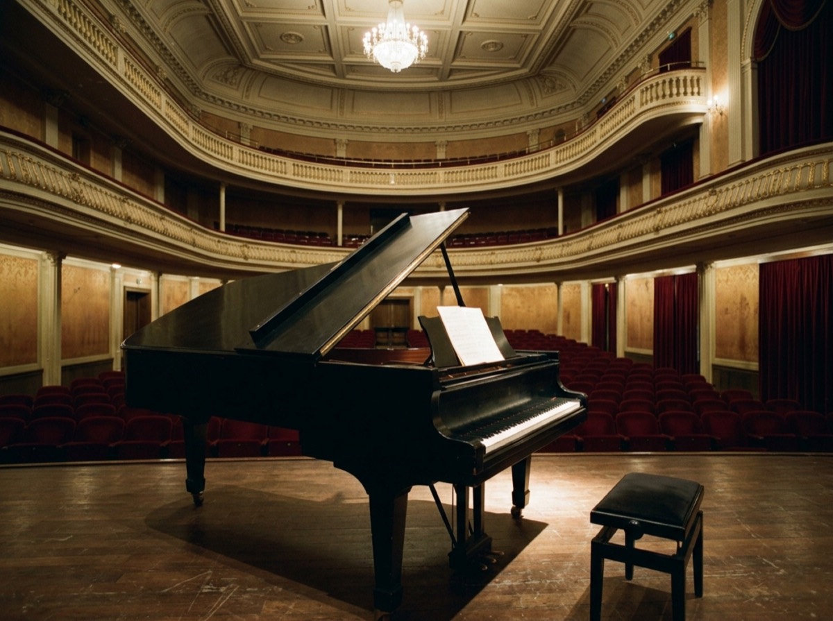 Piano e vjetër dhe partitura në një sallë të qetë koncertesh